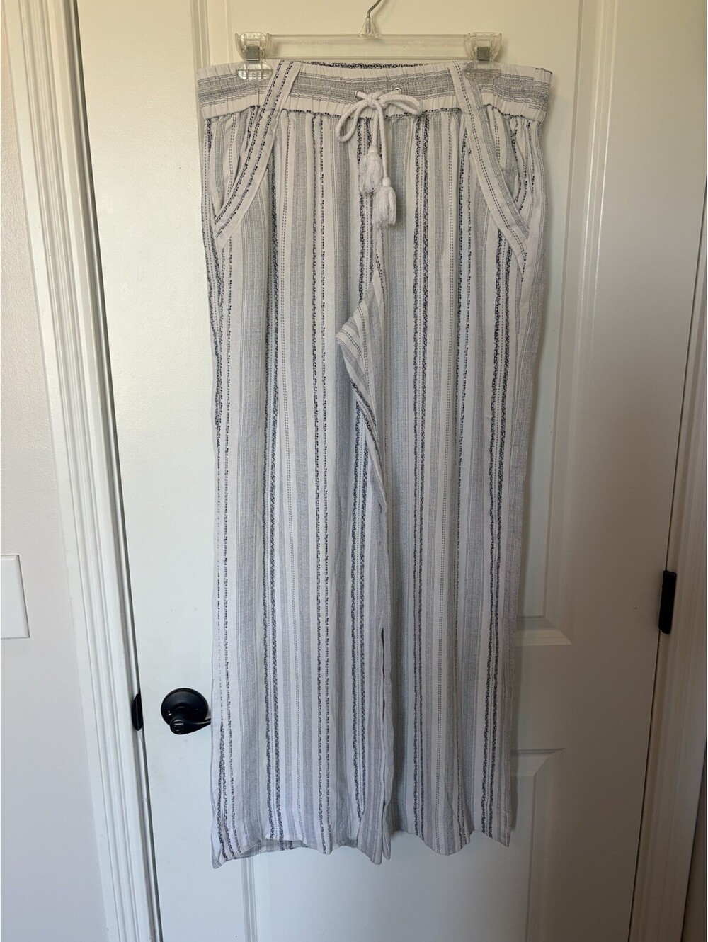 Rewind White Striped Pants Linen Blend Tie Waist Wide Leg Pockets Large Coastal